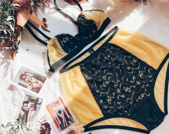 KAREN YELLOW lingerie set // made to order lingerie custom size / pin up lingerie / retro underwear / plus size lingerie
