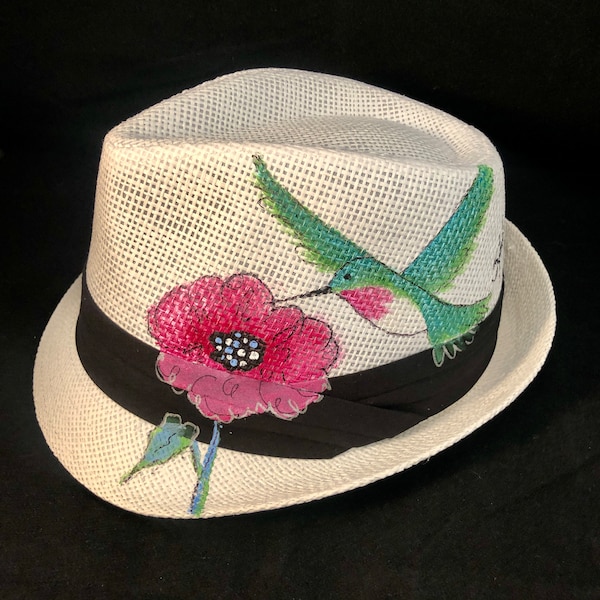 Hand-Painted Short Brim Fedora  - Hummingbird Design - Wearable Art