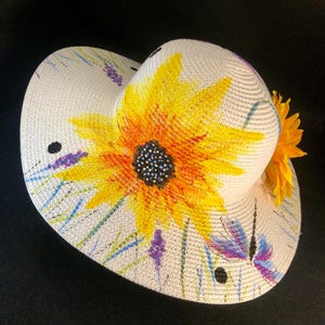 Hand-Painted Flat 4&quot;-Brim Sun Hat - Sunflower Polka Dot  Design - Wearable Art