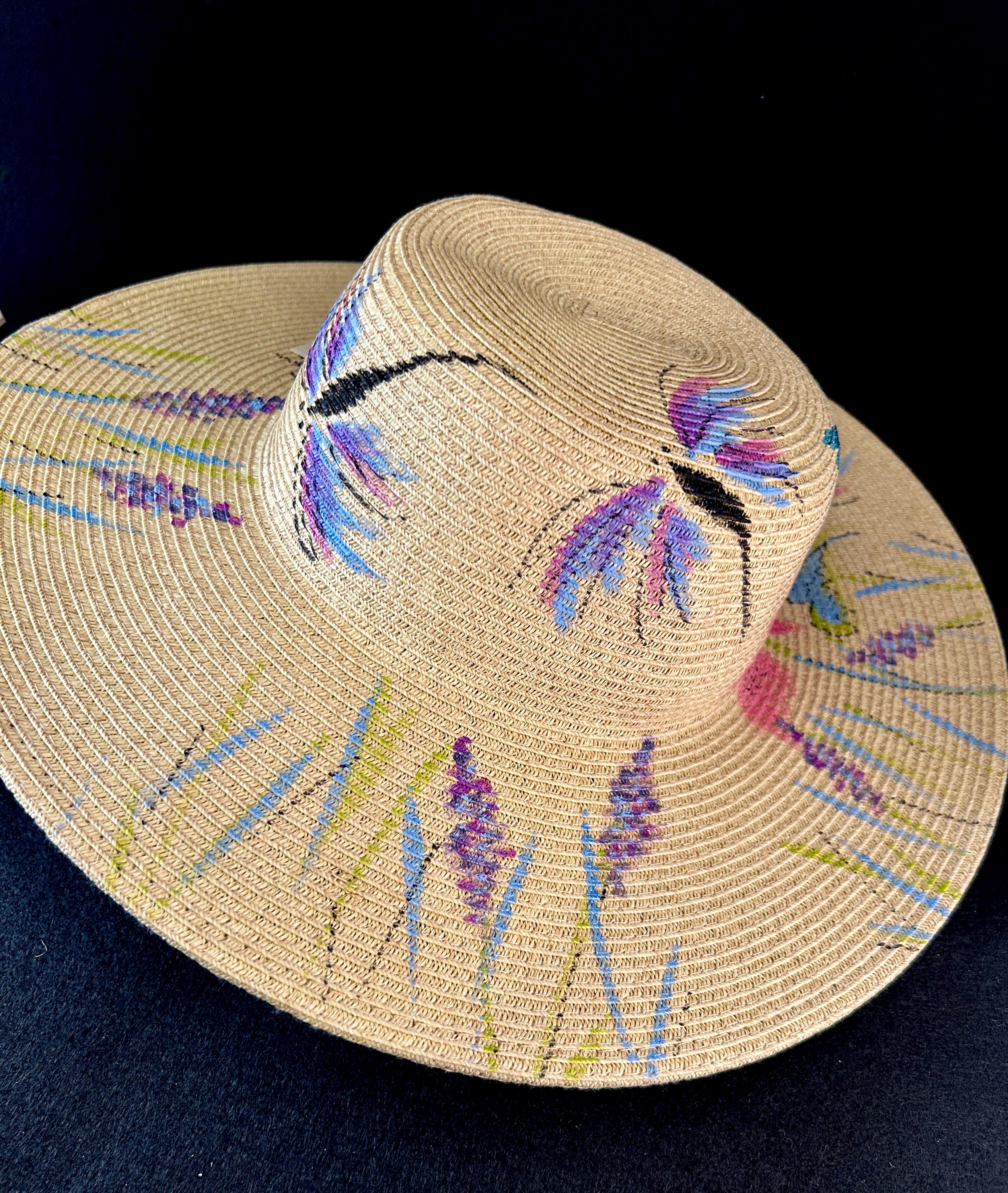 Hand Painted Hummingbird Straw Hat | Wide Brim Artisan Sun Hat Hummingbird Design Hand Painted Hat - 4 main image 3