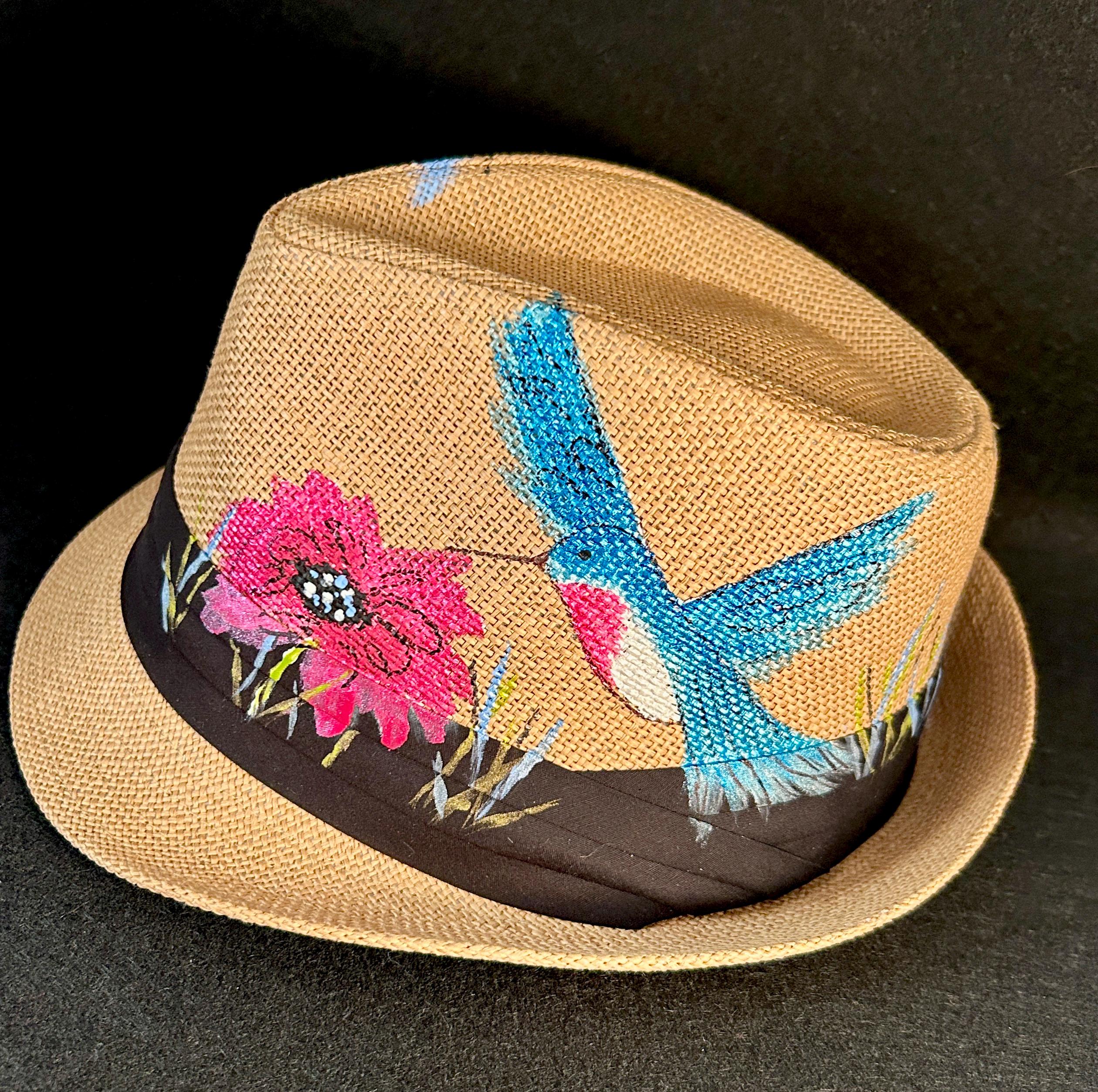Hand Painted Black Fedora Hat Tropical Green Leaf Wide Brim Statement Hat L Handmade Palm Leaf Fedora Hat, Wide Brim Hat, Summer , Straw  main image 3