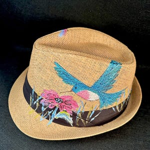 Hand-Painted Short Brim Fedora  - Hummingbird Design - Wearable Art