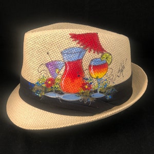 Hand-Painted Short Brim Fedora - Mixed Drinks Design - Wearable Art