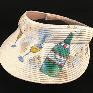 Hand-Painted Sun Visor - Champaign Bottle & Glasses Design - Wearable Art