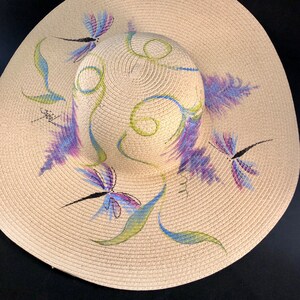 Hand-Painted Flat 6&quot;-Brim Sun Hat -  Wisteria Design - Wearable Art