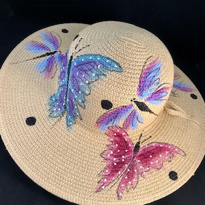 Hand-Painted Flat 4&quot;-Brim Sun Hat - Butterfly Dance Design - Wearable Art