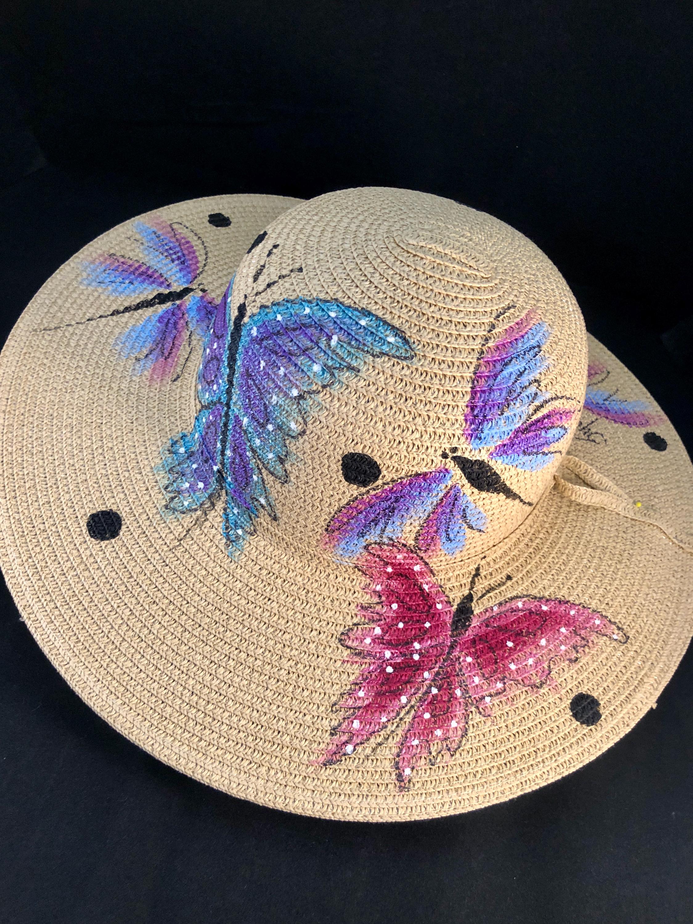 Custom painted butterfly detail summer hat Ivori hand painted Monach butterfly Vegan Suede Indiana  main image 3