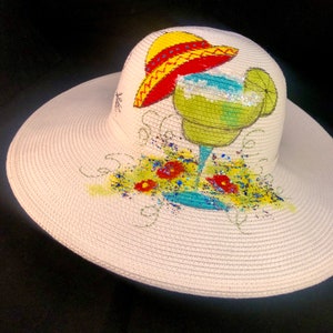 Hand-Painted Flat 4&quot;-Brim White Sun Hat -  Margarita Design - Wearable Art