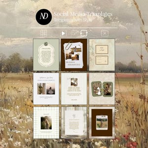 May include: A collection of social media templates with a vintage aesthetic. The templates feature a variety of designs, including text and image layouts, with a neutral color palette. The image includes the text "Social Media Templates" and "Templates With Style".