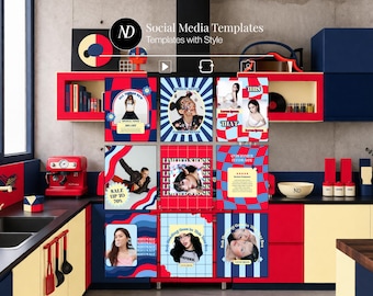 Retro Instagram Templates Red Social Media Templates Bright Bold Template Vibrant Instagram Post Fashion Template Funky Blue Templates Canva