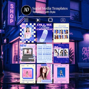 May include: A digital art display of social media templates with a retro aesthetic. The templates feature models, text, and graphics in a color palette of pink, blue, and white. The image is set against a city street backdrop.