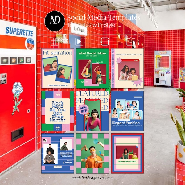 Può includere: Un distributore automatico rosso e bianco e una serie di modelli di social media colorati sono esposti in un ambiente in stile retrò. I modelli presentano vari design con testo come "Fit-spiration" e "Elegant Fashion."