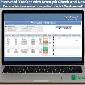 May include: A laptop displaying an Excel password tracker with strength check and generator. The screen shows a password management spreadsheet with fields for website, username, and password. The Excel logo is visible.