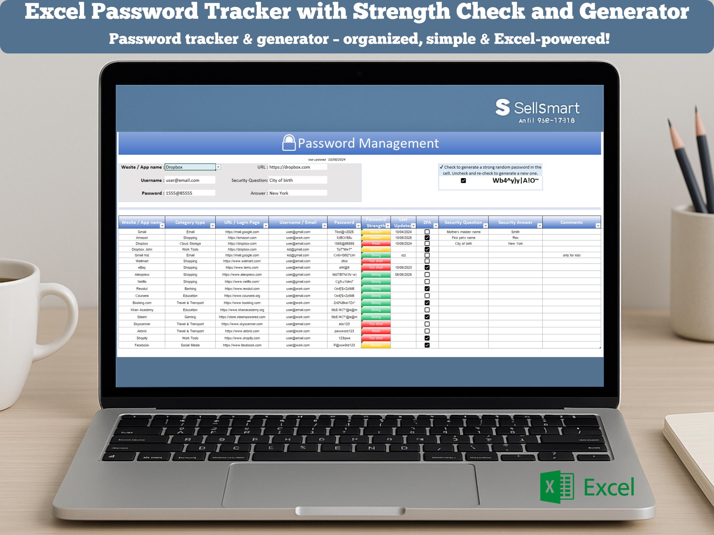 Password Book Excel Template | Password Tracker + Generator & Strength ...