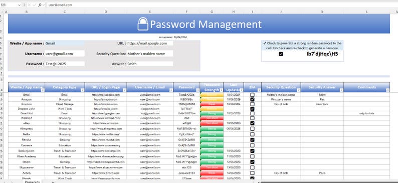 Password Book Excel Template | Password Tracker + Generator & Strength ...