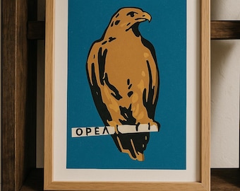 Vintage Soviet Eagle Print – Mid Century Modern Wall Art, Blue & Gold Bird Poster, Russian Matchbox Style Illustration, Gift for Bird Lovers