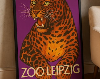 Vintage Leopard Zoo Poster – Retro Leipzig Zoo Wall Art, Bold Jungle Animal Print, Purple Mid-Century Home Decor