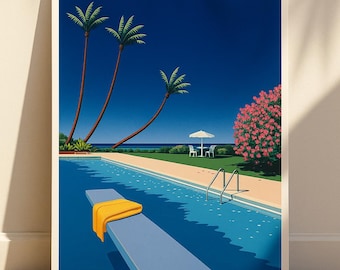 Retro Poolside Wall Art Printable – Tropical Mid Century Modern Digital Download – Palm Tree Summer Poster for Beach House Decor