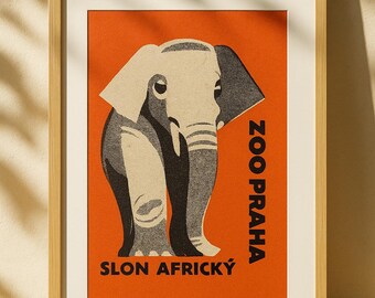 Vintage Zoo Praha Elephant Poster – Retro Czech Matchbox Art Print, African Elephant Wall Decor, Mid Century Modern Animal Illustration