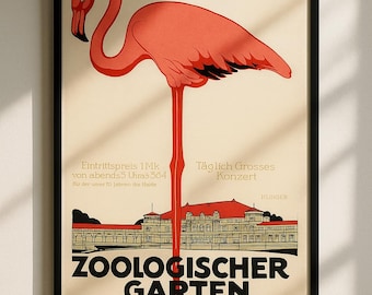 Vintage Flamingo Poster | Zoologischer Garten Wall Art | Retro German Print | Mid Century Digital Download | Minimalist Animal Decor