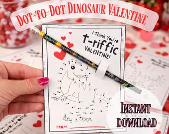 Van punt tot punt dinosaurus valentijnskaarten afdrukbaar-kinderen klas valentijn-6 dino-ontwerpen – potloodhouderkaart – direct downloaden
