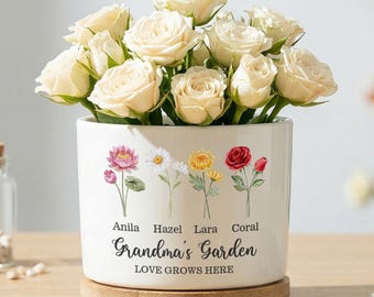 Personalized Birth Flower Plant Pot, Grandma's Garden Gift for Mom, Nana, Nanny, Custom Ceramic Mini Planter with Names