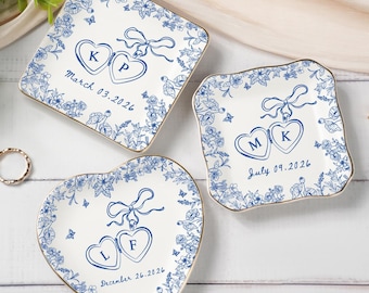 Personalized Locked Ring Dish, Engagement Ring Dish, Wedding Gift  for Couple, Toile De Jouy Ring Dish, Gift for Her, Handmade Ring Holder