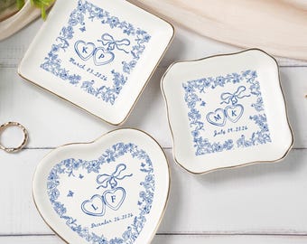 Personalized Locked Ring Dish, Engagement Ring Dish, Wedding Gift  for Couple, Toile De Jouy Ring Dish, Gift for Her, Handmade Ring Holder