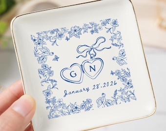 Personalized Locked Ring Dish, Engagement Ring Dish, Wedding Gift  for Couple, Toile De Jouy Ring Dish, Gift for Her, Handmade Ring Holder