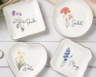 Piatto porta-anelli con fiori ad acquerello, piatto porta-anelli personalizzato con fiori per nascita, regalo per damigella d'onore, piatto porta-anelli con fiori per nascita, regalo per lei