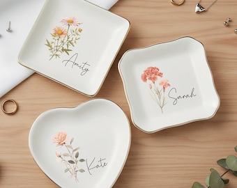 Custom Birth-Flower Jewelry Dish – Personalized Ring Dish, Bridesmaid / Wedding Gift