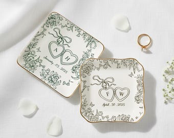 Personalized Locked Ring Dish, Engagement Ring Dish, Wedding Gift  for Couple, Toile De Jouy Ring Dish, Gift for Her, Handmade Ring Holder