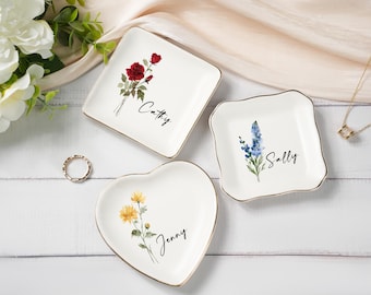 Piatto portafedi personalizzato con fiori di nascita, piatto portafedi con fiori ad acquerello, regalo per damigella d'onore, piatto portagioie con fiori di nascita, regalo per lei