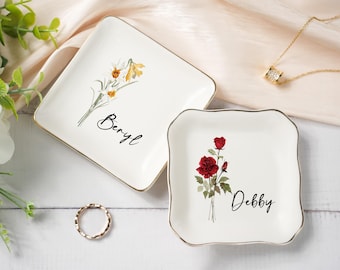 Piatto porta-anelli in ceramica personalizzato, piatto porta-anelli con fiori di nascita personalizzato, regalo per damigella d'onore, piatto porta-anelli con fiori di nascita, regalo per lei