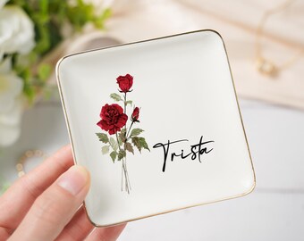 Piatto portagioie con fiori di nascita personalizzato, piatto portaanello con fiori ad acquerello, regalo per damigella d'onore, piatto portaanello con fiori di nascita, regalo per lei