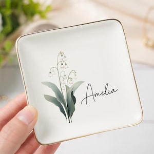 Plat pour alliances fleur de naissance personnalisé, plat pour bagues fleur aquarelle, cadeau de mariage de demoiselle d'honneur, bibelot fleur de naissance, cadeau plat de bijoux pour elle