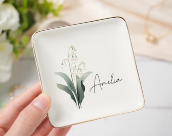 Gepersonaliseerde geboorte bloem ring schotel, aquarel bloem ring schotel, bruiloft bruidsmeisje cadeau, geboorte bloem trinket schotel, sieraden schotel cadeau voor haar