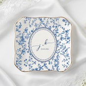 Personalized Ring Dish, Blue Floral Monogram Jewelry Dish with Date, Bridal Shower Gift for Bride, Vanity Decor