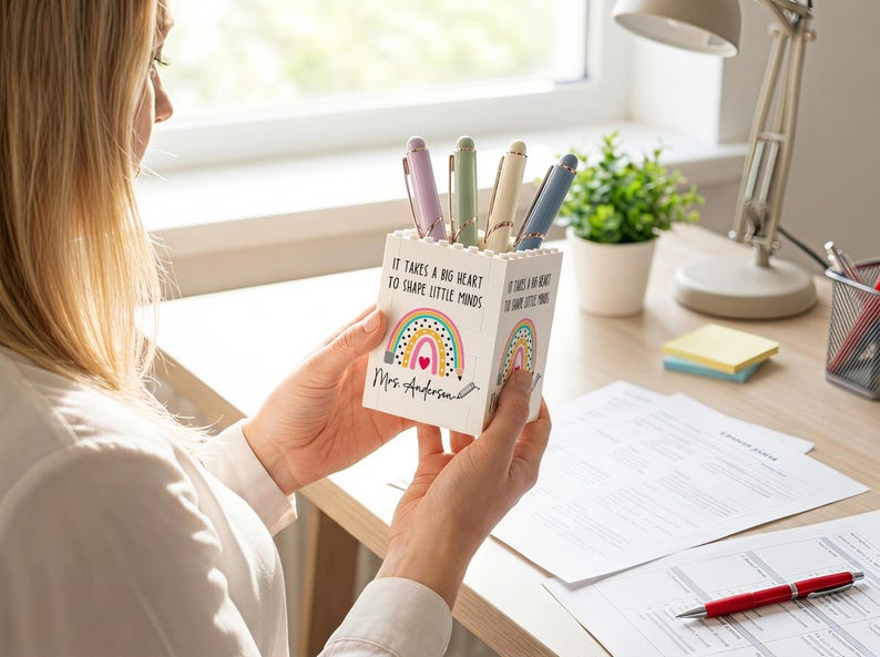 Op de afbeelding: Een witte vierkante pennenhouder gemaakt van bouwstenen, voorzien van een kleurrijke regenboogafbeelding, een klein rood hartje en de gedrukte tekst "It takes a big heart to shape little minds" samen met de naam "Mrs. Anderson" in zwart schrift.
