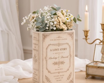 Personalisierte Hochzeitsbuchvase, individuell gestaltete Keramikvase für Paare, Dekoration mit Liebesgeschichte, Namen und Datum, Geschenk zum Jahrestag für Frischvermählte