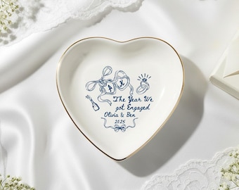 Personalized Engagement Ring Dish Tray, The Year We Got Engaged Ceramic Jewelry Holder with Names & Year, Bride to Be Gift