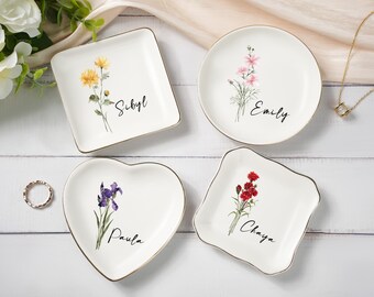Piatto porta-anelli con fiori ad acquerello, piatto porta-anelli personalizzato con fiori per nascita, regalo per damigella d'onore, piatto porta-anelli con fiori per nascita, regalo per lei