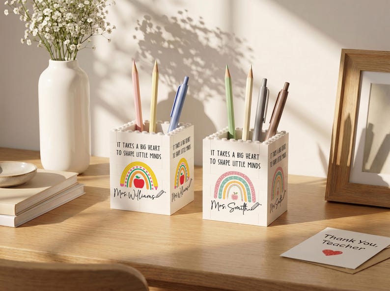 Op de afbeelding: Twee witte vierkante potloodhouders gemaakt van bouwstenen. Elk is voorzien van een kleurrijke regenboogafbeelding, een rood appelicoon en de tekst "It takes a big heart to shape little minds" met de namen "Mrs. Williams" en "Mrs. Smith".