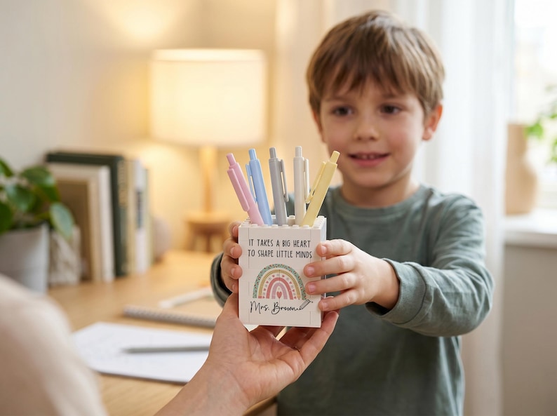 Op de afbeelding: Een witte vierkante pennenhouder met een kleurrijke regenboogafbeelding, de tekst "It takes a big heart to shape little minds" en de naam "Mrs. Brown" op de voorzijde, gevuld met vijf pastelkleurige pennen in roze, blauw, grijs, wit en geel.
