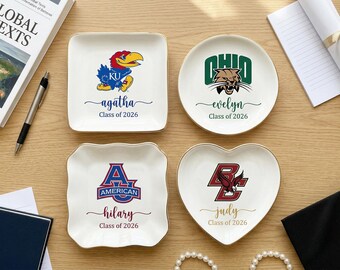 Custom College-logo ringschotel, gepersonaliseerd dienblad universiteitssieraden, afstudeercadeau voor haar, aandenken alumni, decor slaapzaal