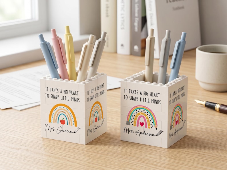 Op de afbeelding: Twee vierkante pennenbakjes gemaakt van in elkaar grijpende bouwstenen. Elke houder bevat de tekst "It takes a big heart to shape little minds" boven een kleurrijke regenboogafbeelding en een gepersonaliseerde naam, Mrs. Garcia of Mrs. Anderson.