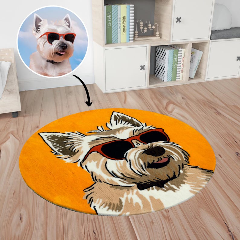 May include: A round, orange rug with a white dog wearing red sunglasses. The dog is looking directly at the camera and has a happy expression.