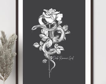 Arte mural de romance oscuro y literario / Serpiente y rosa imprimible / Descarga digital de fantasía gótica / Decoración de Dark Academia / Regalo para amantes de la fantasía