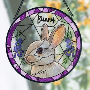 Custom Bunny Portrait Glass Suncatcher, Stained Glass Rabbit & Narcissus Birth Flower, Pet Portrait from Photo, Pet Memorial,  Sympathy Gift