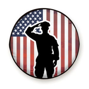 American Flag Spare Tire Cover – Soldier Salute Patriotic Design For Jep wrangler SUV & RV Wheel Backup Camera Hole Option Available